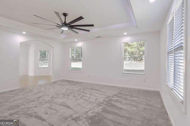 4066 Wild Orchid Ln, Loganville, GA 30052 - spare room with a tray ceiling, a healthy amount of sunlight, carpet flooring, and a ceiling fan