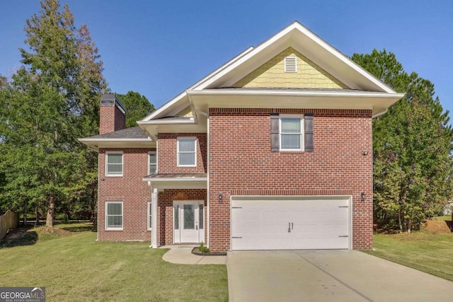 4066 Wild Orchid Ln, Loganville, GA 30052 - traditional home with an attached garage, a chimney, brick siding, a front lawn, and driveway