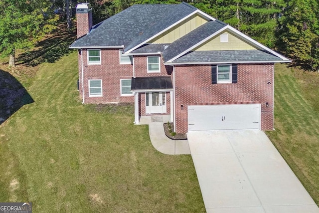 4066 Wild Orchid Ln, Loganville, GA 30052 - view of front of house with concrete driveway, roof with shingles, a front lawn, brick siding, and a garage