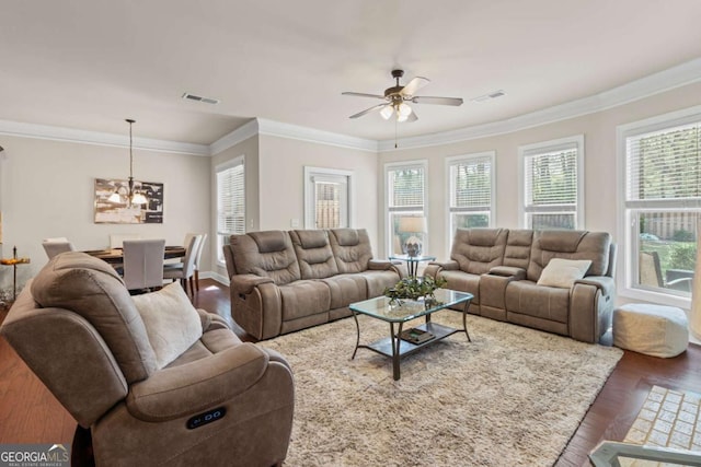 living room with visible vents, ceiling fan with notable chandelier, crown molding, and wood finished floors