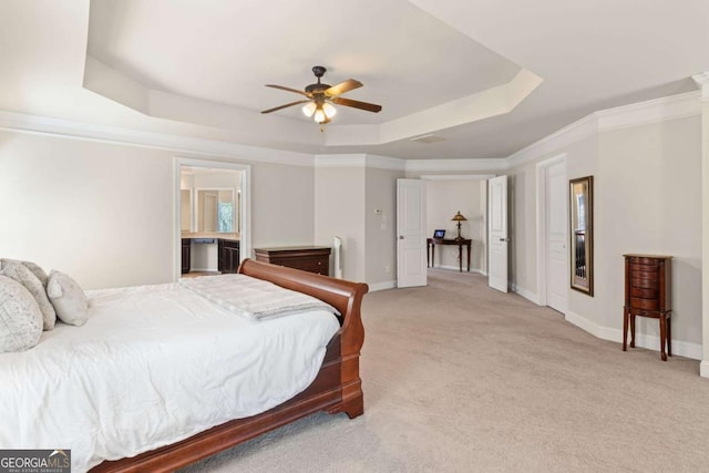 bedroom with light carpet, baseboards, crown molding, and a raised ceiling