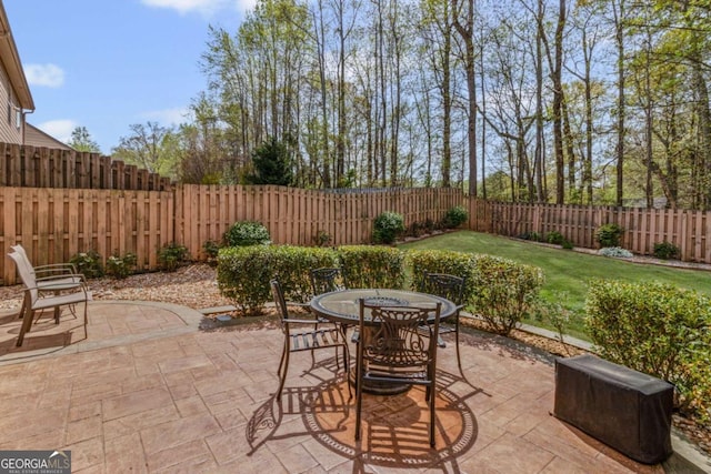 view of patio featuring a fenced backyard and outdoor dining space