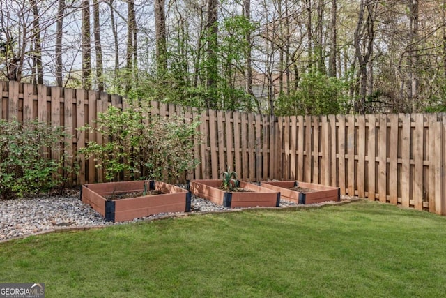 view of yard featuring a fenced backyard and a vegetable garden