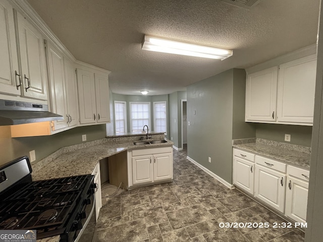 135 Flowers Dr, Covington, GA 30016 - kitchen featuring stainless steel range with gas stovetop, baseboards, a sink, under cabinet range hood, and white cabinetry