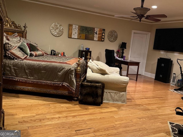 6279 Giles Rd, Lithonia, GA 30058 - bedroom with ornamental molding, light wood-style floors, a ceiling fan, and recessed lighting