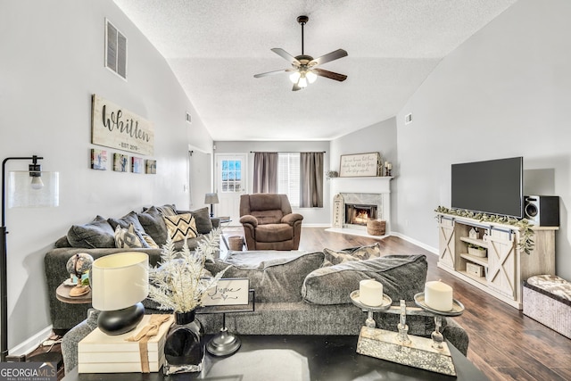 321 Harris Ave, Locust Grove, GA 30248 - living area featuring lofted ceiling, a textured ceiling, a ceiling fan, wood finished floors, and a premium fireplace