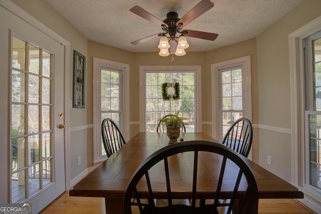 dining room featuring ceiling fan, a textured ceiling, light wood-style floors, and a healthy amount of sunlight