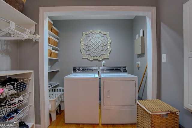 laundry room with light wood finished floors, separate washer and dryer, and laundry area