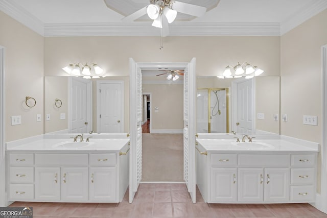1405 Wilmington Way, Grayson, GA 30017 - full bathroom with ornamental molding, a ceiling fan, two vanities, a stall shower, and tile patterned floors