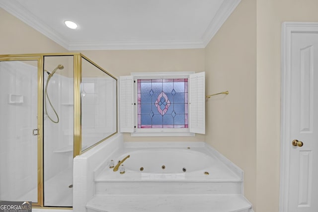 1405 Wilmington Way, Grayson, GA 30017 - bathroom with a shower stall, a whirlpool tub, and ornamental molding