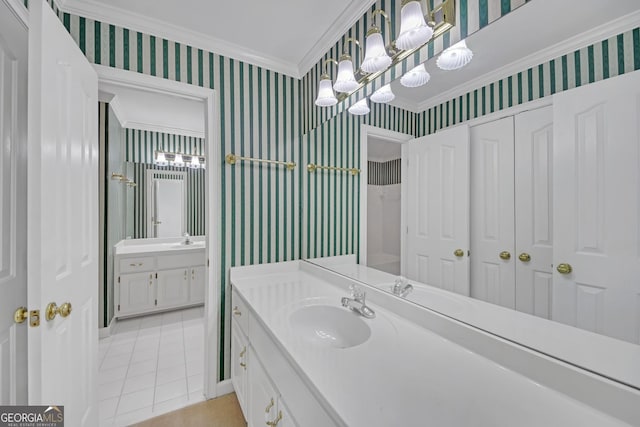 1405 Wilmington Way, Grayson, GA 30017 - full bathroom with crown molding, wallpapered walls, tile patterned floors, two vanities, and a chandelier