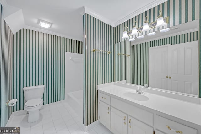 1405 Wilmington Way, Grayson, GA 30017 - full bathroom with crown molding, wallpapered walls, tile patterned floors, vanity, and bathing tub / shower combination