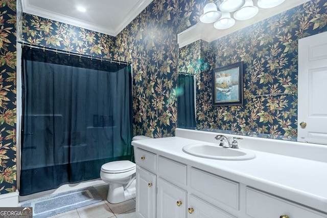 bathroom featuring tile patterned floors, vanity, wallpapered walls, and toilet