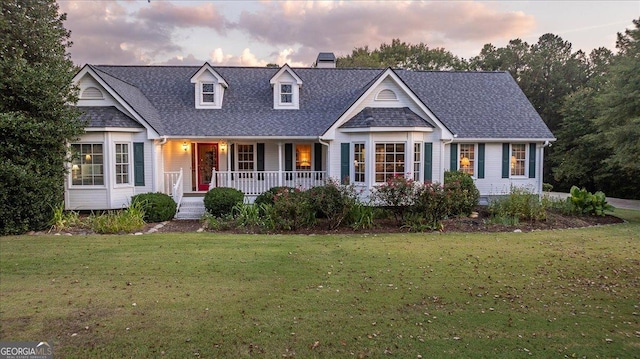 view of front facade featuring a porch, a chimney, a shingled roof, and a front lawn
