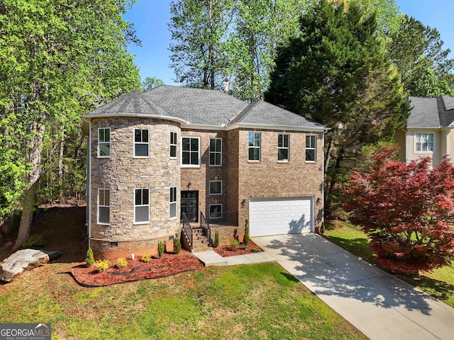 6960 Dockbridge Way, Stone Mountain, GA 30087 - view of front facade featuring driveway, an attached garage, stone siding, and a front yard