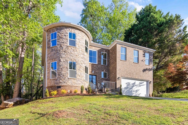 6960 Dockbridge Way, Stone Mountain, GA 30087 - view of front facade with an attached garage, a front yard, stone siding, driveway, and crawl space
