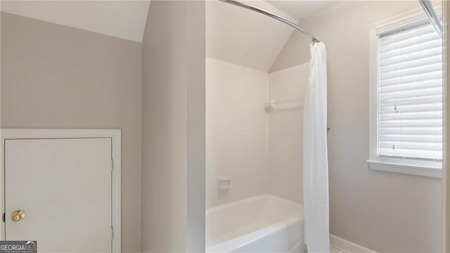 104 Kremer Falls Trce, Canton, GA 30114 - full bath featuring vaulted ceiling, shower / tub combo with curtain, and baseboards