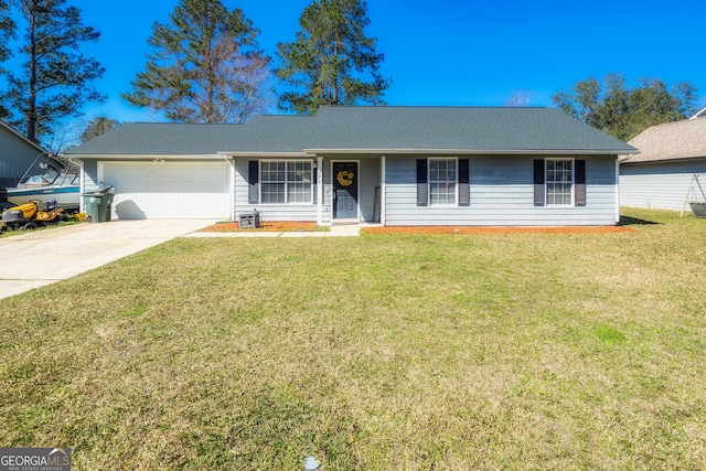 single story home featuring an attached garage, roof with shingles, driveway, and a front yard