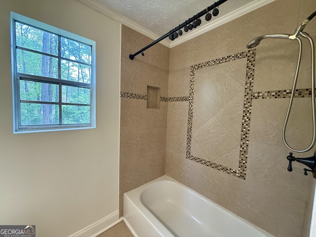 full bathroom with baseboards, bathtub / shower combination, and ornamental molding