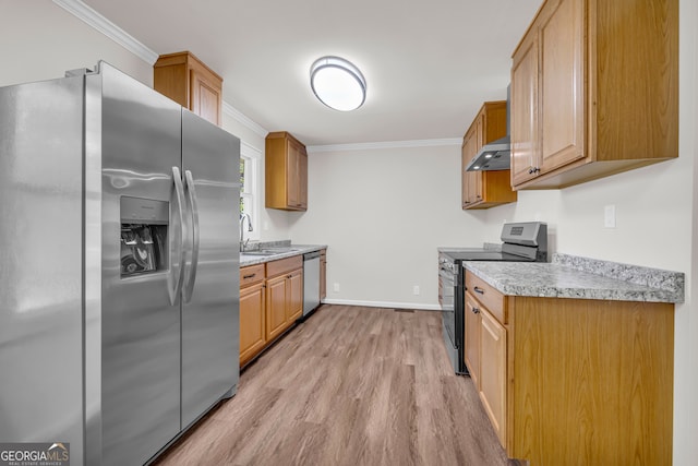 kitchen with a sink, ornamental molding, light countertops, appliances with stainless steel finishes, and under cabinet range hood