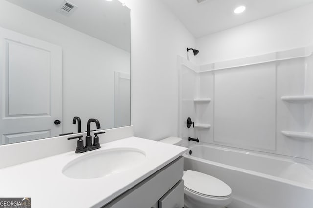 full bath with toilet, vanity, shower / bathing tub combination, and visible vents