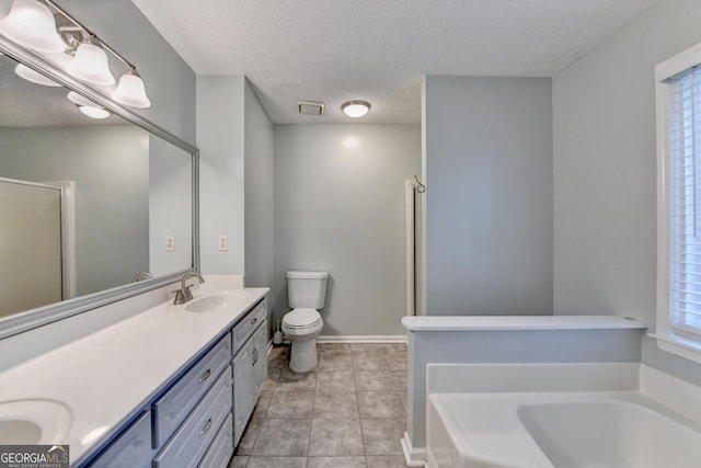 6040 Carriage Dr, Cumming, GA 30028 - bathroom with a bath, a sink, double vanity, tile patterned flooring, and a stall shower