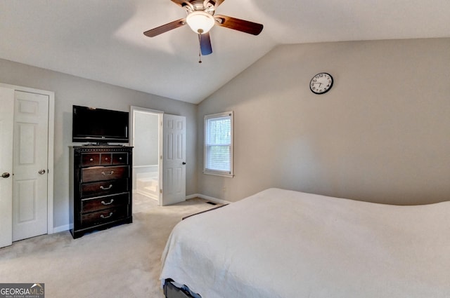 6040 Carriage Dr, Cumming, GA 30028 - bedroom with light carpet, ceiling fan, baseboards, and lofted ceiling