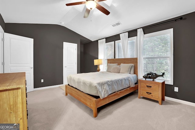 6330 Elmshorn Way, Alpharetta, GA 30004 - bedroom featuring baseboards, a ceiling fan, visible vents, lofted ceiling, and light colored carpet