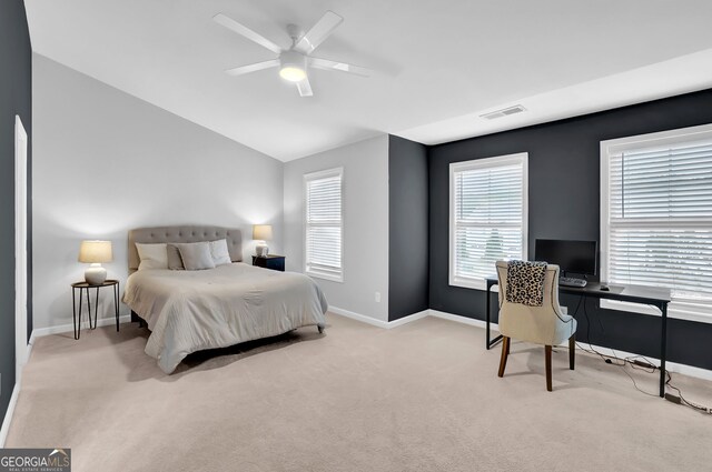 6330 Elmshorn Way, Alpharetta, GA 30004 - carpeted bedroom featuring visible vents, baseboards, ceiling fan, and lofted ceiling