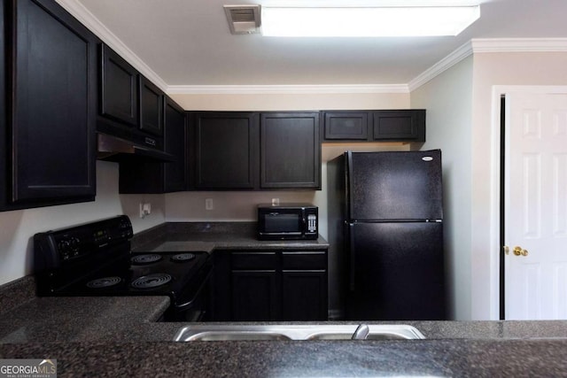 kitchen featuring ornamental molding, visible vents, black appliances, under cabinet range hood, and dark countertops