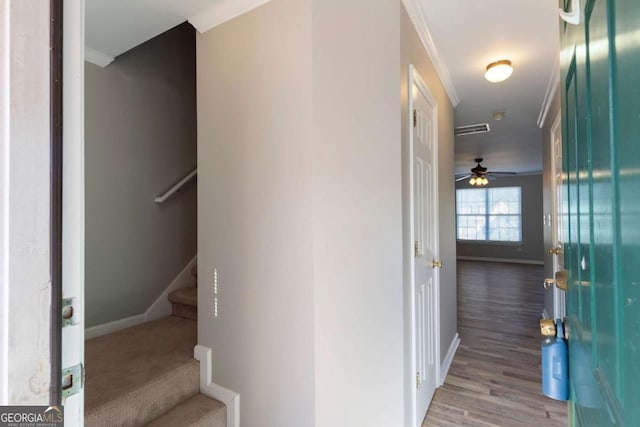 interior space with ceiling fan, baseboards, and ornamental molding