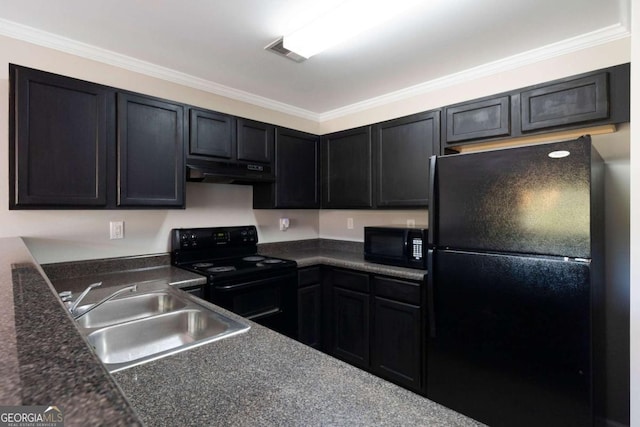 kitchen featuring under cabinet range hood, a sink, black appliances, and dark countertops
