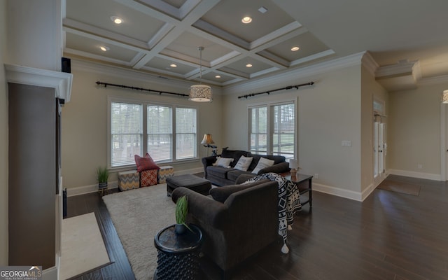 5224 Brendlynn Dr, Suwanee, GA 30024 - living room featuring dark wood finished floors, baseboards, ornamental molding, and coffered ceiling
