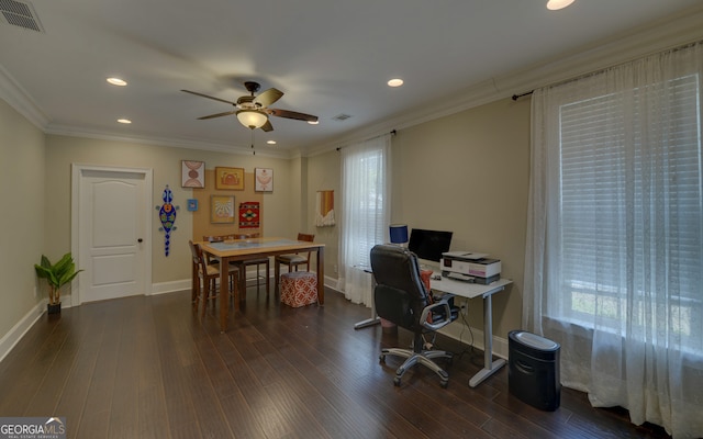 5224 Brendlynn Dr, Suwanee, GA 30024 - office with ceiling fan, dark wood-type flooring, ornamental molding, visible vents, and baseboards