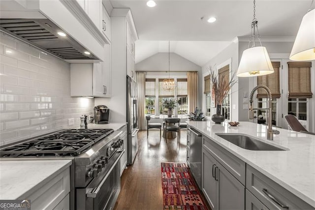 111 Brighton Blvd, Woodstock, GA 30188 - kitchen featuring gray cabinets, a sink, stainless steel appliances, dark wood-type flooring, and custom range hood