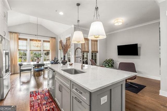 111 Brighton Blvd, Woodstock, GA 30188 - kitchen featuring gray cabinetry, appliances with stainless steel finishes, a sink, and dark wood finished floors
