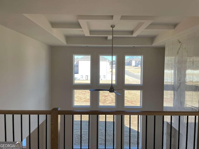 room details with coffered ceiling and beamed ceiling