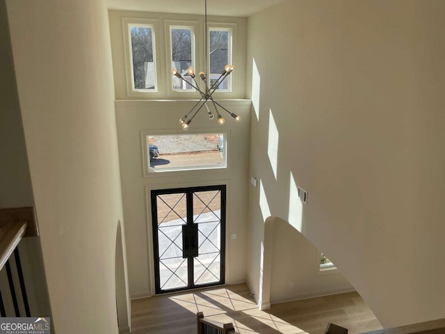 foyer entrance with a chandelier, a wealth of natural light, a high ceiling, and wood finished floors