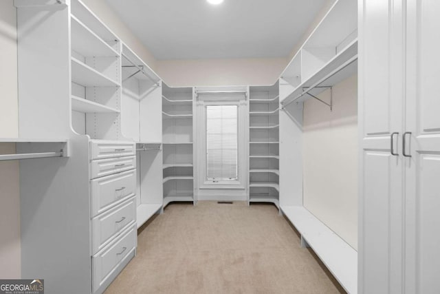 spacious closet featuring light carpet
