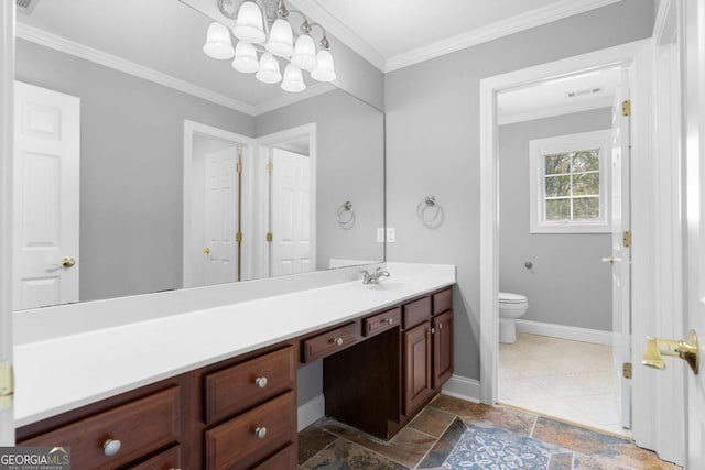 bathroom with vanity, baseboards, ornamental molding, toilet, and visible vents