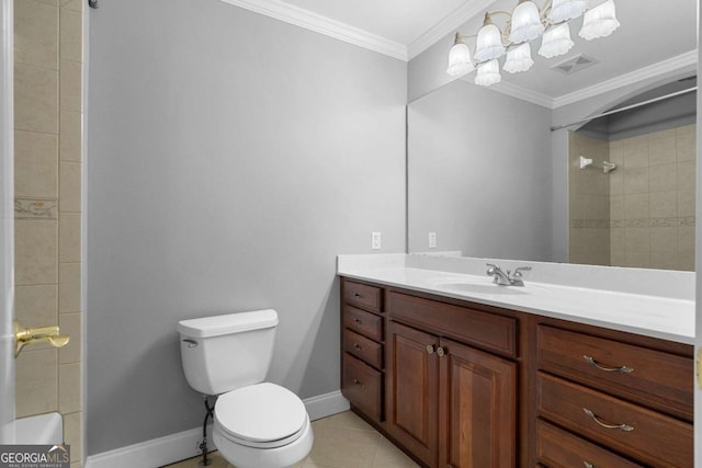 bathroom featuring vanity, ornamental molding, tile patterned floors, toilet, and visible vents
