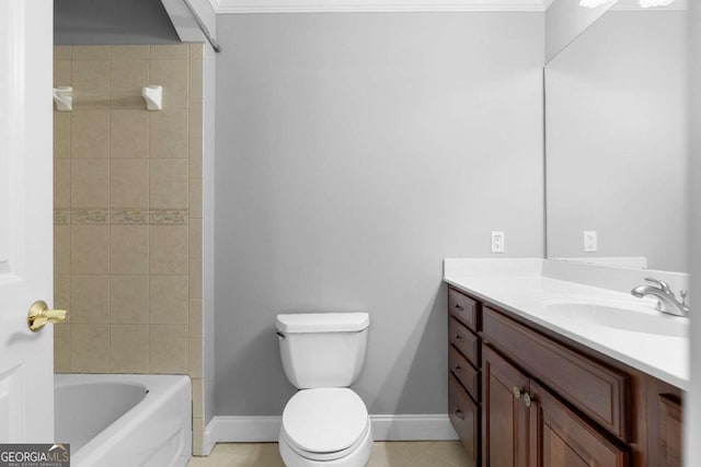 full bathroom featuring vanity, toilet, washtub / shower combination, tile patterned floors, and baseboards