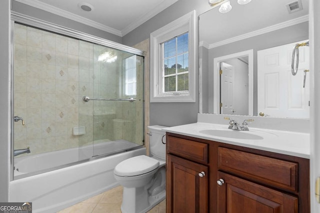 full bath with visible vents, toilet, crown molding, vanity, and tile patterned flooring