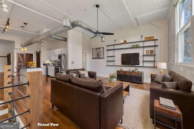 living room featuring a high ceiling and wood finished floors