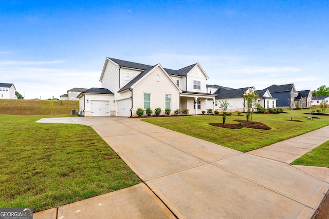 modern farmhouse featuring central AC, concrete driveway, a front lawn, and brick siding