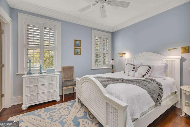 17 Sea Oats Ln, Saint Simons, GA 31522 - bedroom featuring baseboards, ornamental molding, a ceiling fan, and wood finished floors