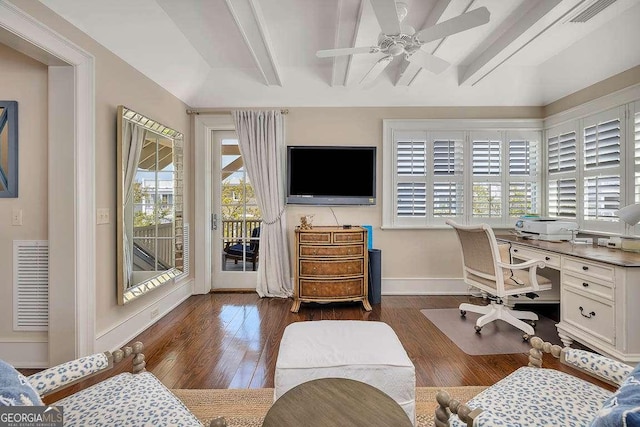 17 Sea Oats Ln, Saint Simons, GA 31522 - office area with visible vents, wood finished floors, and beamed ceiling