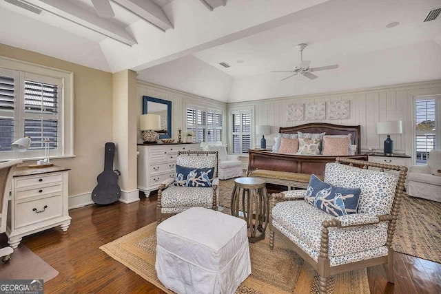 17 Sea Oats Ln, Saint Simons, GA 31522 - bedroom featuring visible vents, multiple windows, wood finished floors, and lofted ceiling with beams