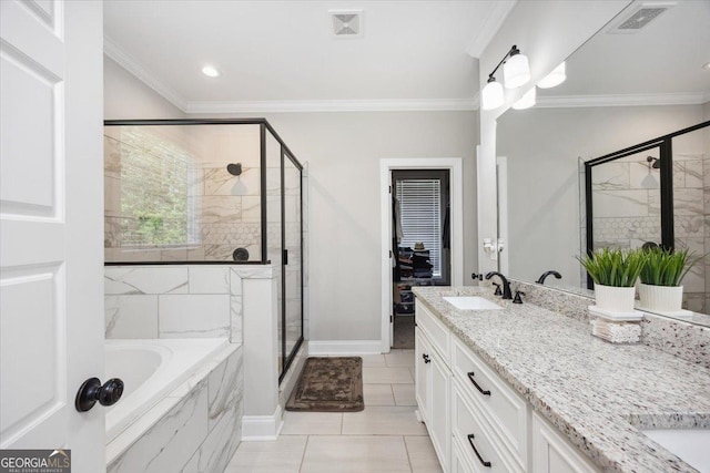 41 Laurel Rdg, Forsyth, GA 31029 - full bathroom with a shower stall, a bath, double vanity, tile patterned flooring, and crown molding