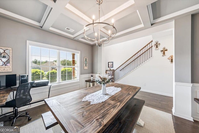 5321 Felles Way, Forsyth, GA 31029 - dining area with coffered ceiling, a chandelier, stairs, dark wood finished floors, and an office area